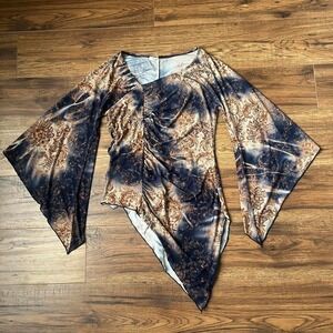 Y2K Boho Asymmetrical Ruched‎ Top Bell Sleeve Fairycore Blouse Women Small